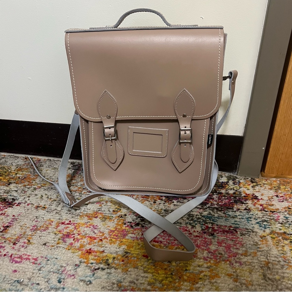 Tan and light blue leather convertible backpack and cross body satchel handmade